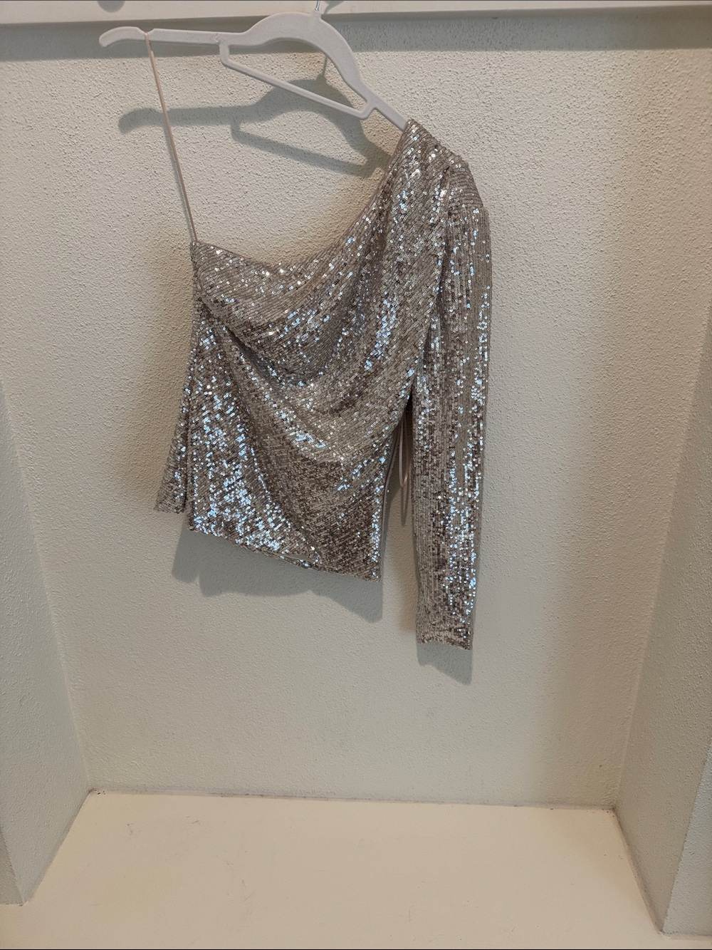 Silver Sequin One-Shoulder Crop Top with Draped Front
